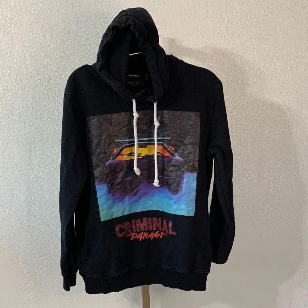 Criminal Damage- Black Hoodie with car Graphic Print- Medium